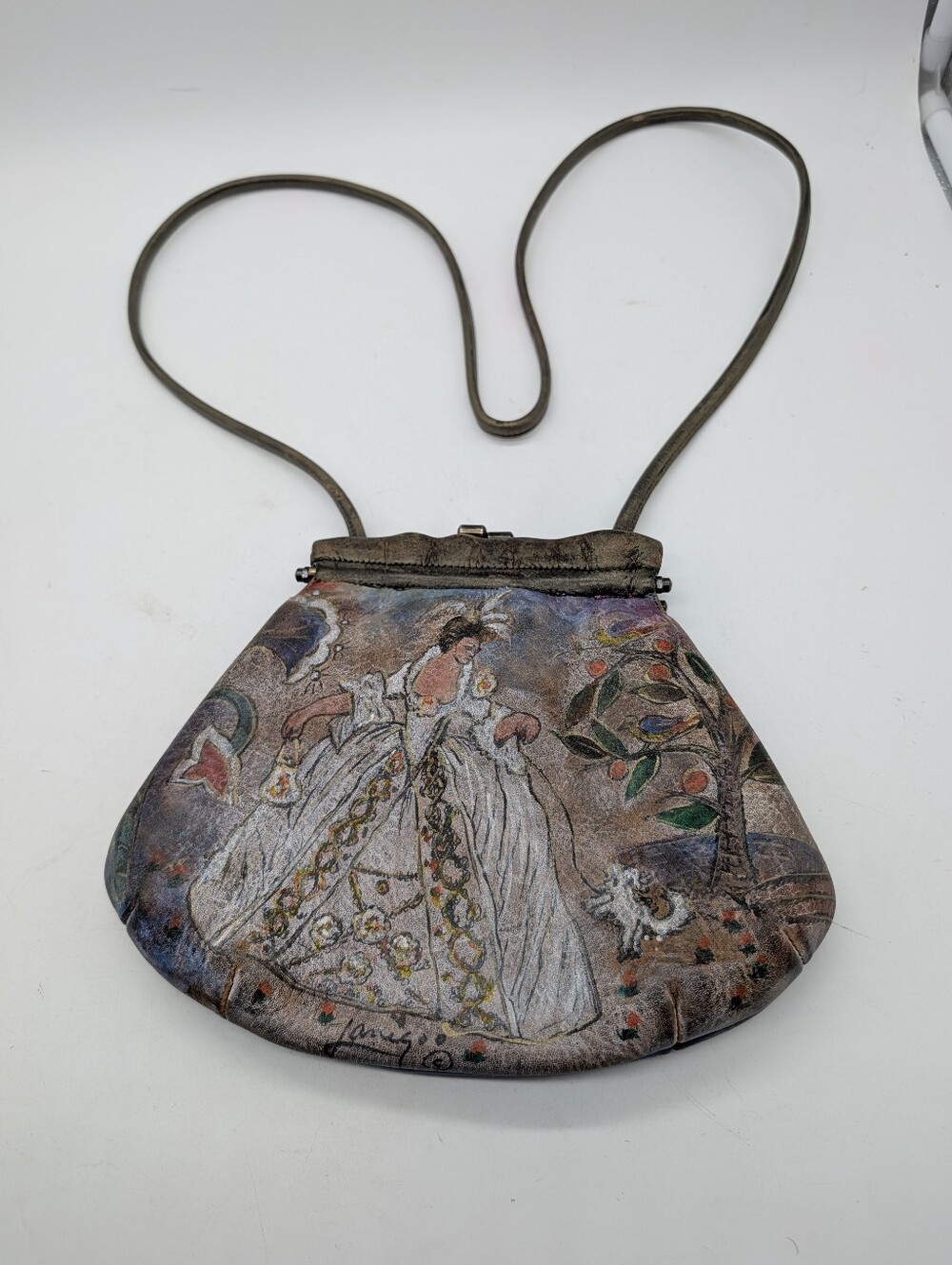 Vintage Jane Yoo Hand Painted Leather Wearable Art Frame Bag Lady & Pig Cart